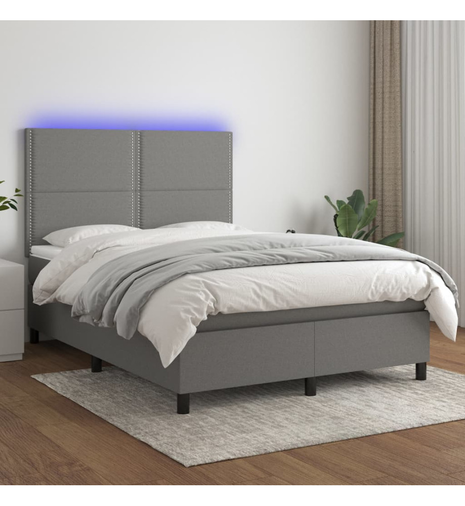 Sommier tapissier et matelas et LED Gris foncé 140x200 cm Tissu Sommier tapissier et matelas et LED Gris foncé 140x200 cm Tissu
