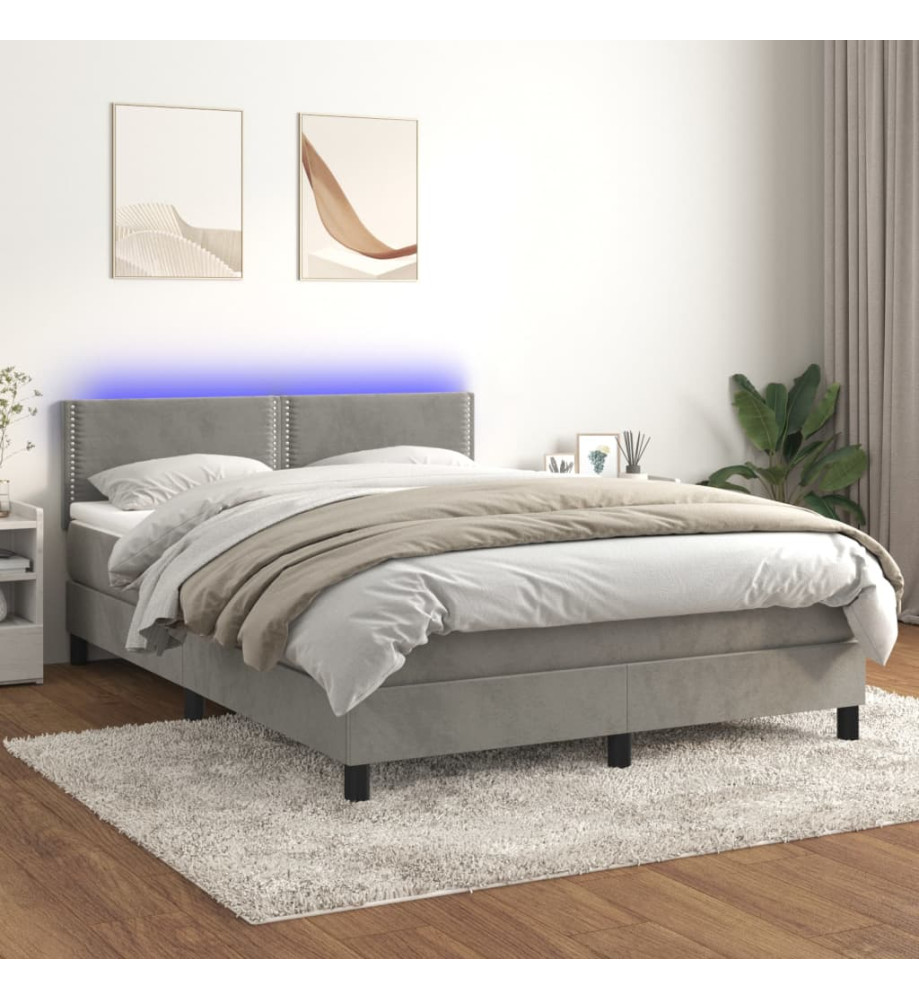 Sommier tapissier matelas et LED Gris clair 140x190 cm Velours Sommier tapissier matelas et LED Gris clair 140x190 cm Velours