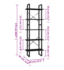 Bibliothèque à 5 niveaux Noir 60x30x175 cm Bois de pin