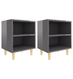 Tables de chevet pieds en bois 2 pcs Gris brillant 40x30x50 cm