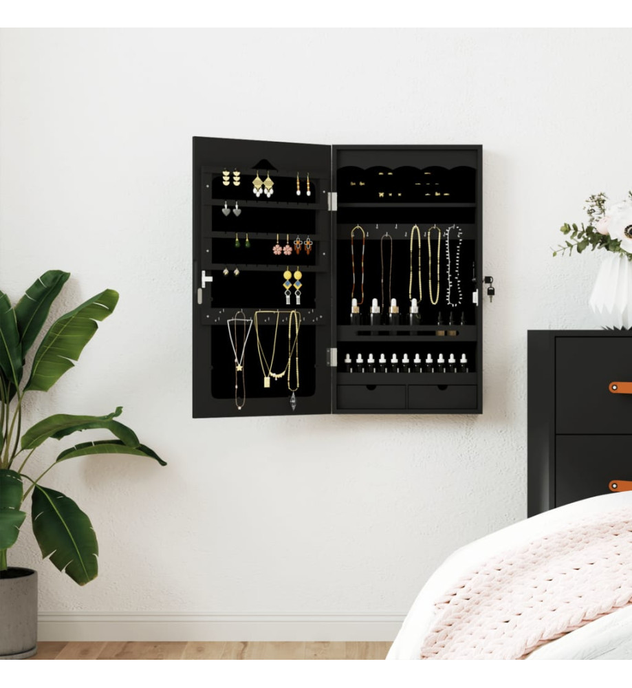 Armoire à bijoux avec miroir murale noir 37,5x10x67 cm