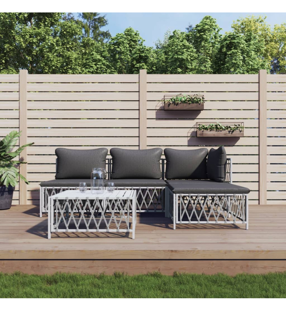 Salon de jardin avec coussins 5 pcs blanc acier Salon de jardin avec coussins 5 pcs blanc acier