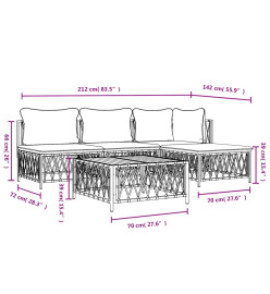 Salon de jardin avec coussins 5 pcs blanc acier