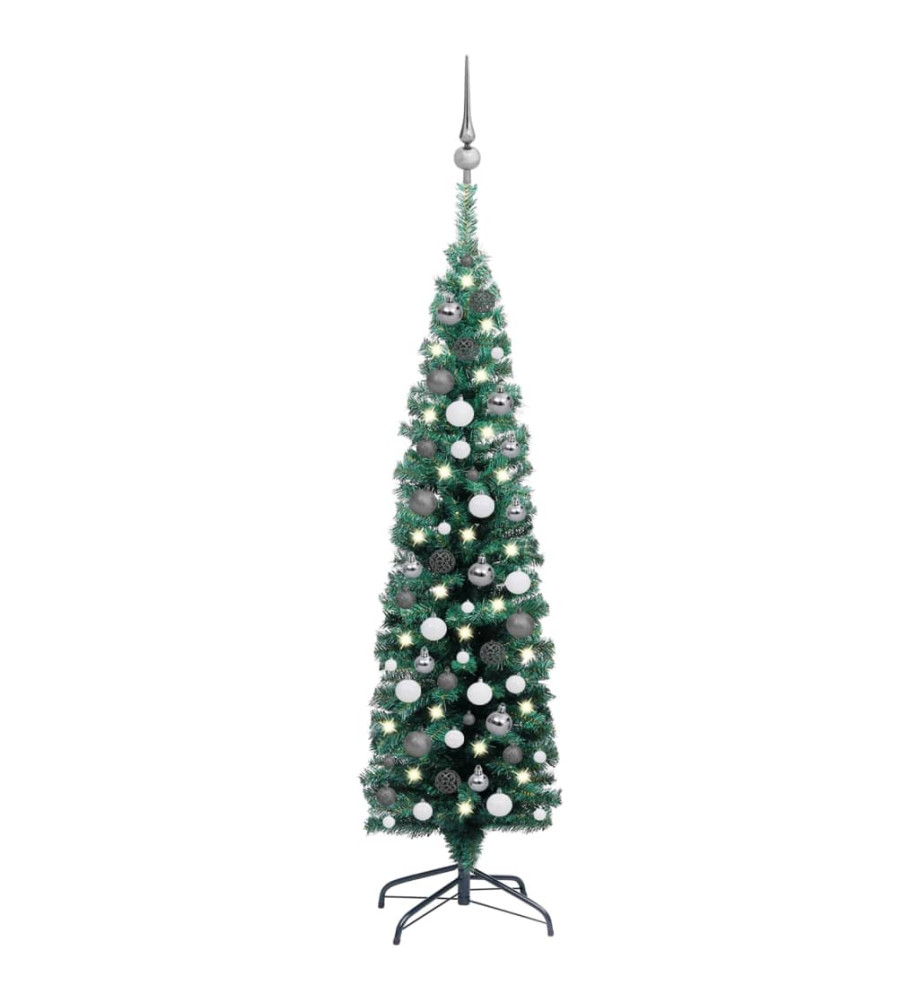 Sapin de Noël artificiel mince et LED et boules Vert 150 cm