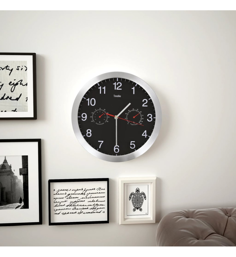 Horloge murale à quartz Hygromètre et thermomètre 30 cm Noir