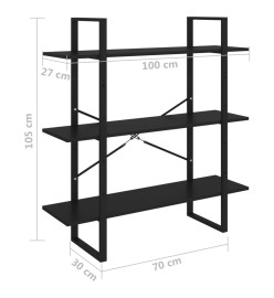 Bibliothèque à 3 niveaux Noir 100x30x105 cm Bois de pin massif