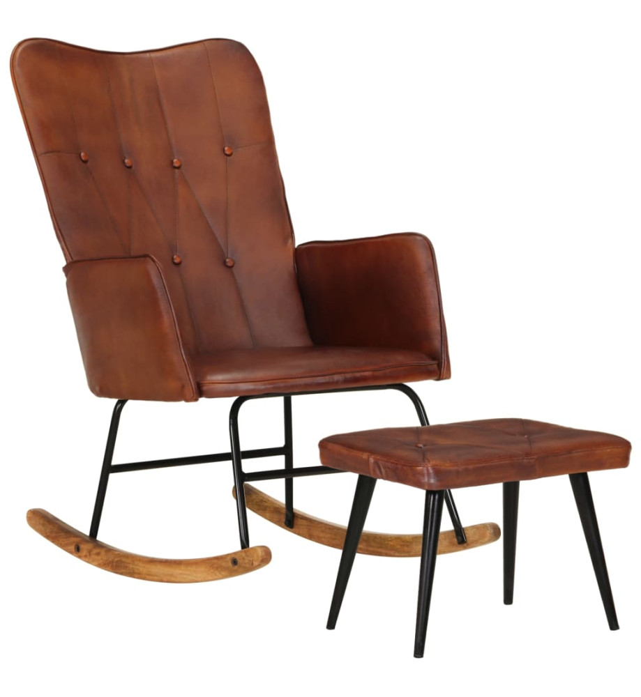 Chaise à bascule avec repose-pied Marron Cuir véritable