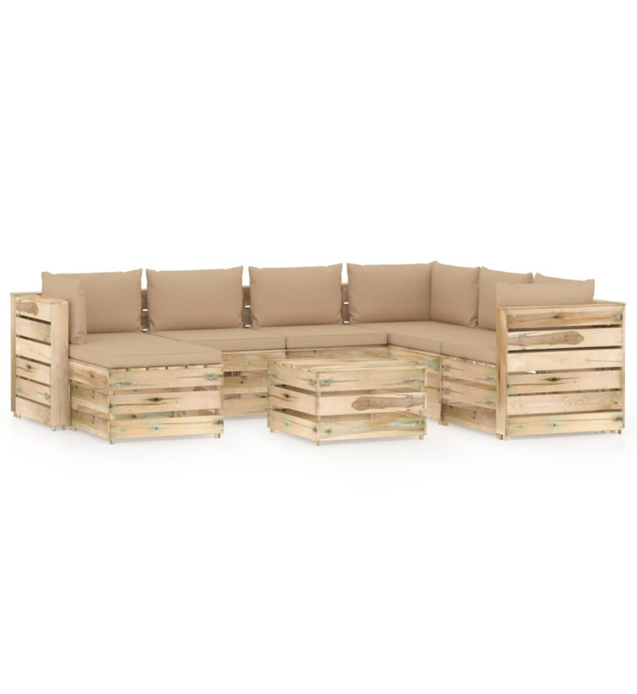 Salon de jardin 8 pcs avec coussins vert bois imprégné