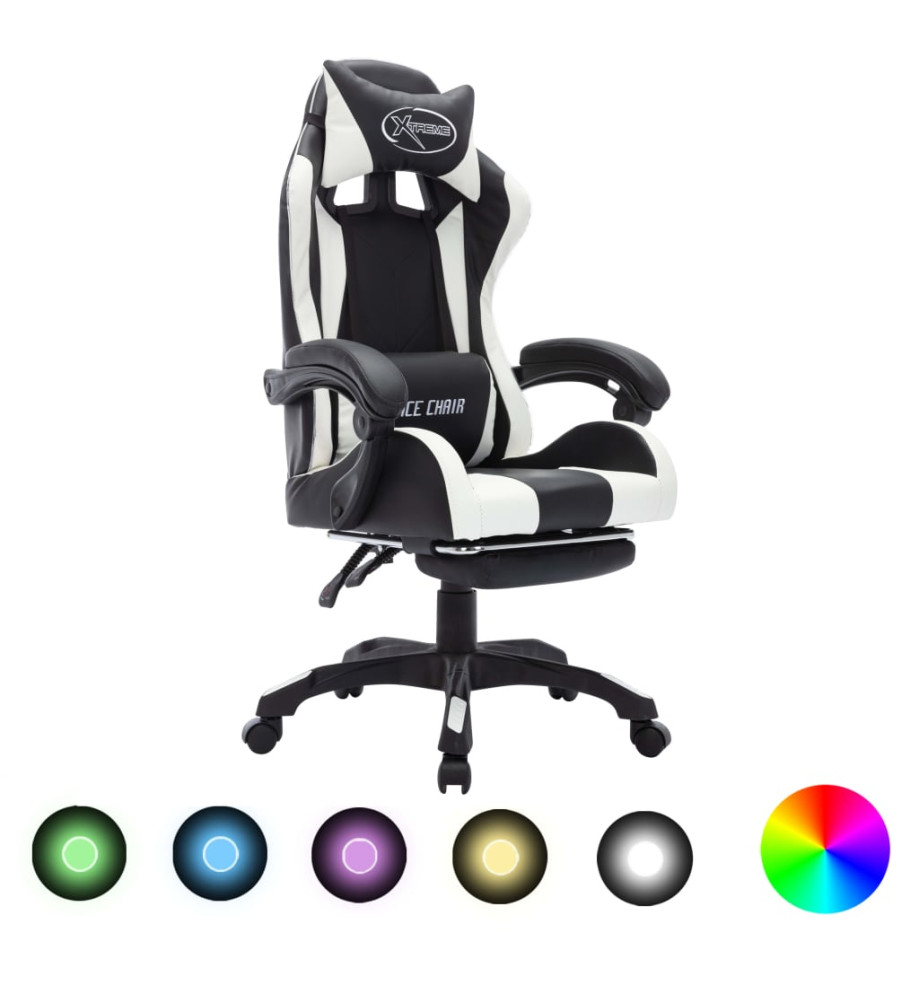 Fauteuil de jeux vidéo avec LED RVB Blanc et noir Similicuir