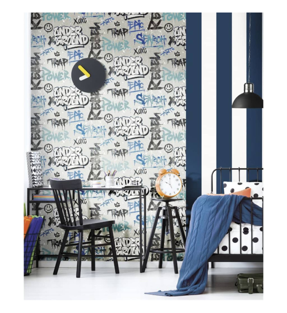 Noordwand Papier peint Friends & Coffee Graffity Print Gris et bleu