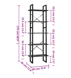 Bibliothèque à 5 niveaux Gris 60x30x175 cm Bois de pin