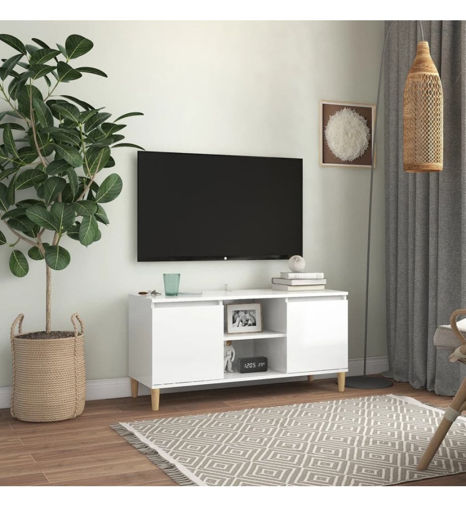 Meuble TV avec pieds en bois Blanc brillant 103,5x35x50 cm