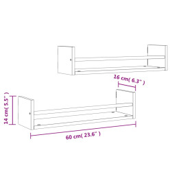 Étagères murales avec barres 2 pcs chêne fumé 60x16x14 cm