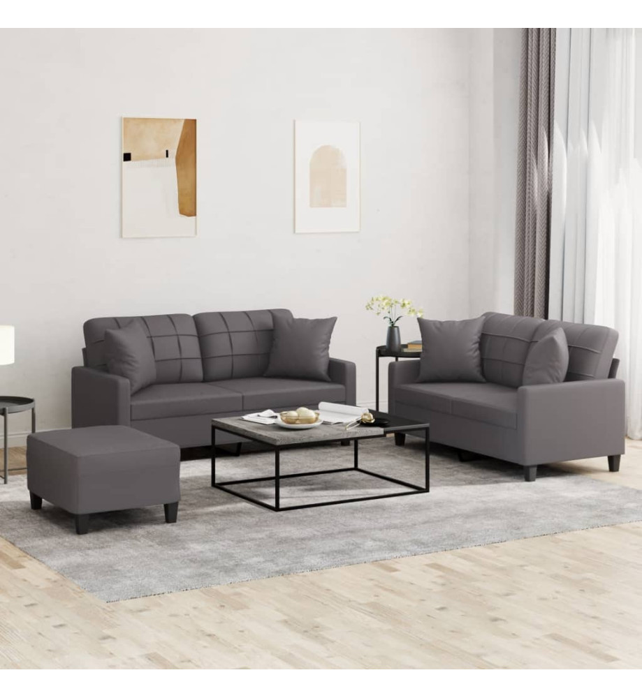 Ensemble de canapés 3 pcs avec coussins gris similicuir