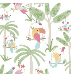 Noordwand Papier peint Mondo baby Animals Birds Trees Vert et rose