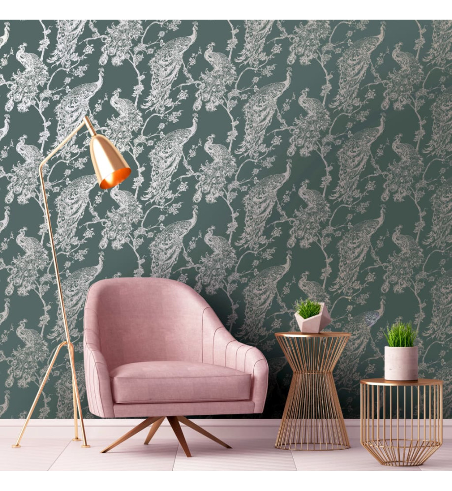 DUTCH WALLCOVERINGS Papier peint Paon Vert et argenté