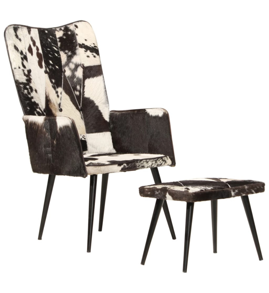 Chaise à oreilles avec repose-pied Noir Cuir véritable