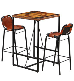 Ensemble de bar 3 pcs Bois massif recyclé et cuir de chèvre