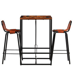 Ensemble de bar 3 pcs Bois massif recyclé et cuir de chèvre