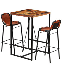 Ensemble de bar 3 pcs Bois massif recyclé et cuir de chèvre