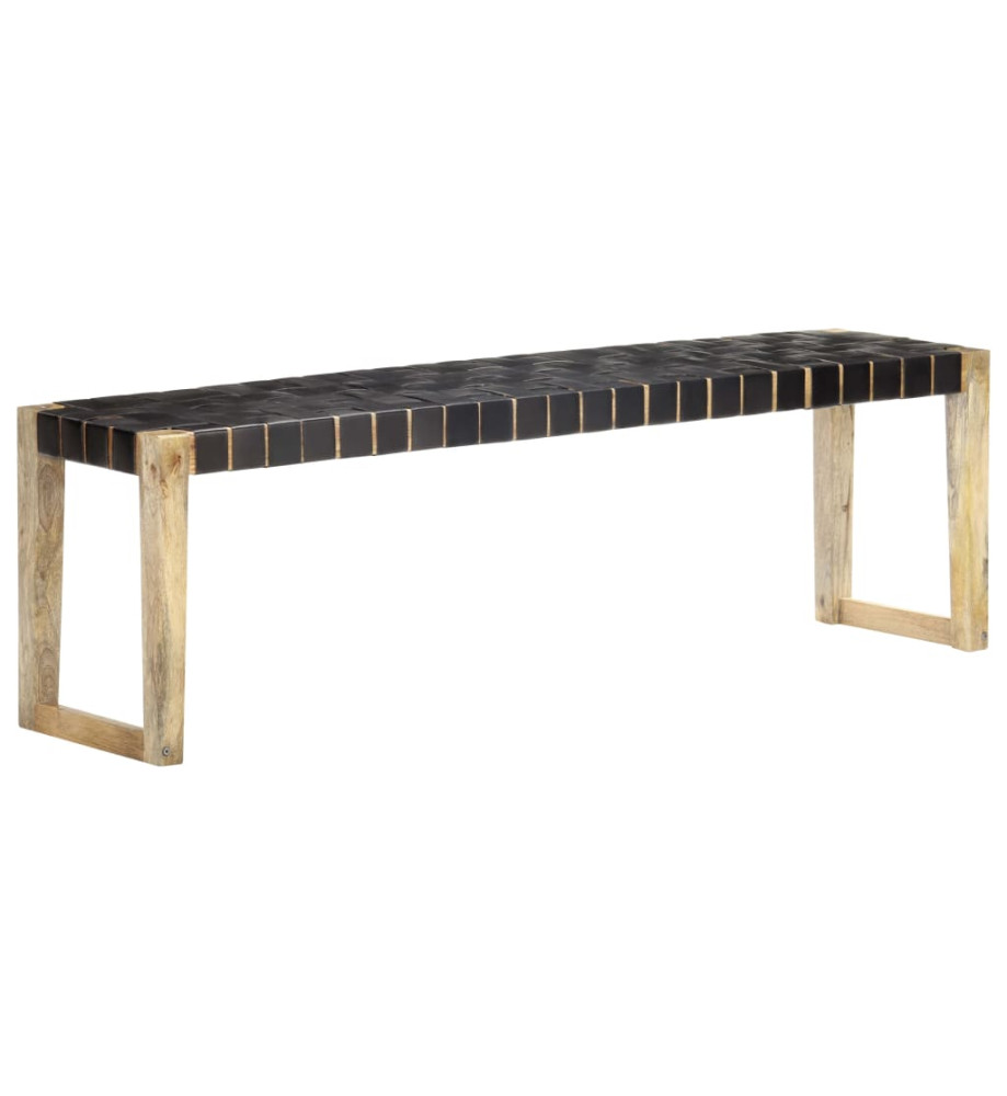 Banc 150 cm Noir Cuir véritable et bois de manguier massif