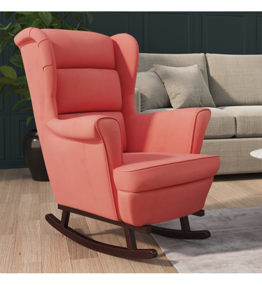 Fauteuil à bascule et pieds en bois massif d'hévéa Rose Velours