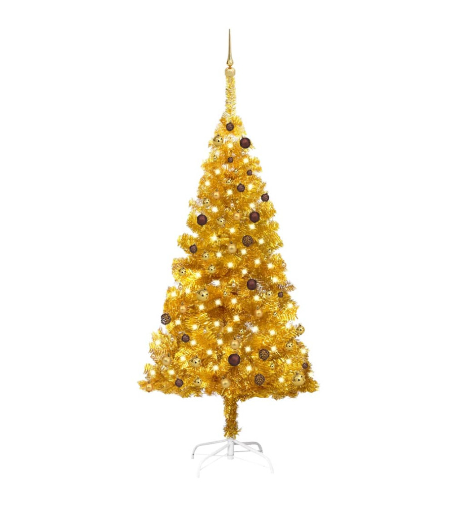 Arbre de Noël artificiel pré-éclairé et boules doré 210 cm PET