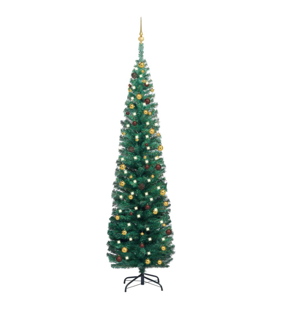 Sapin de Noël artificiel mince pré-éclairé et boules vert 240cm