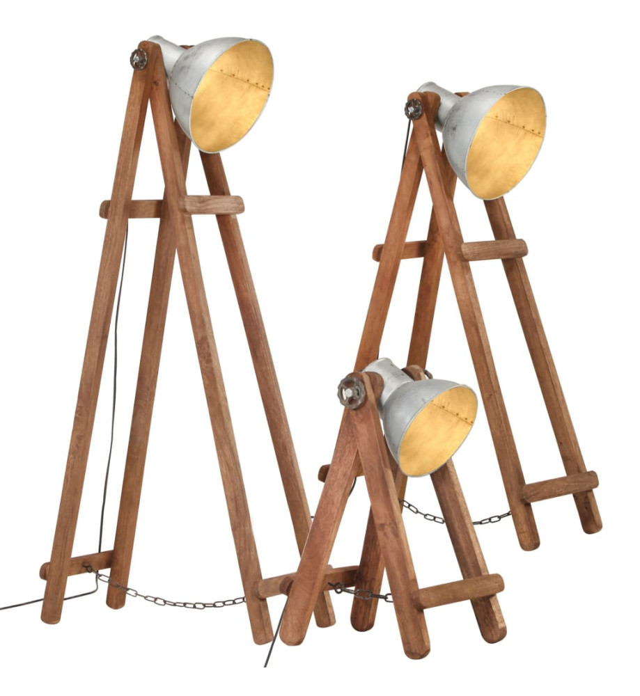 Lampadaires 3 pcs Argenté E27 Bois de manguier massif