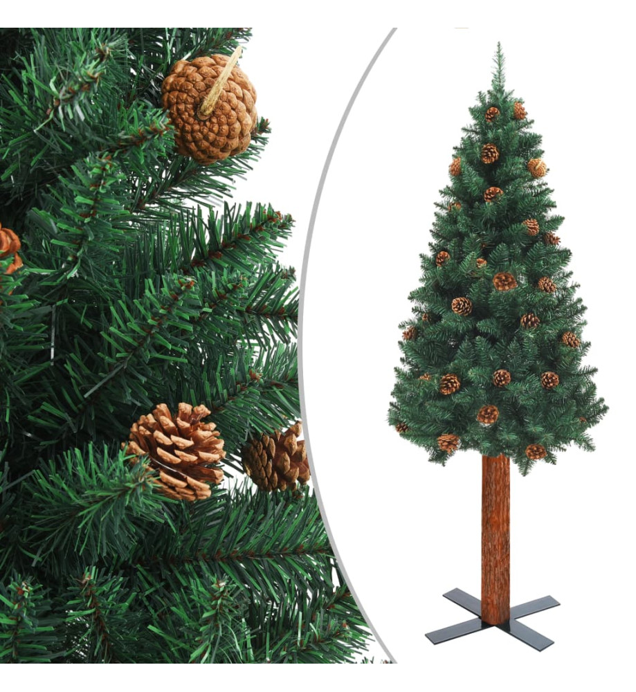 Sapin de Noël mince avec bois véritable et cônes vert 180cm PVC