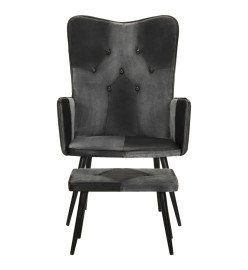 Fauteuil avec repose-pieds Noir Cuir véritable et toile