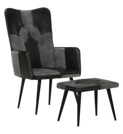 Fauteuil avec repose-pieds Noir Cuir véritable et toile