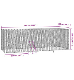 Chenil d'extérieur pour chiens argenté 6x2x2 m acier galvanisé