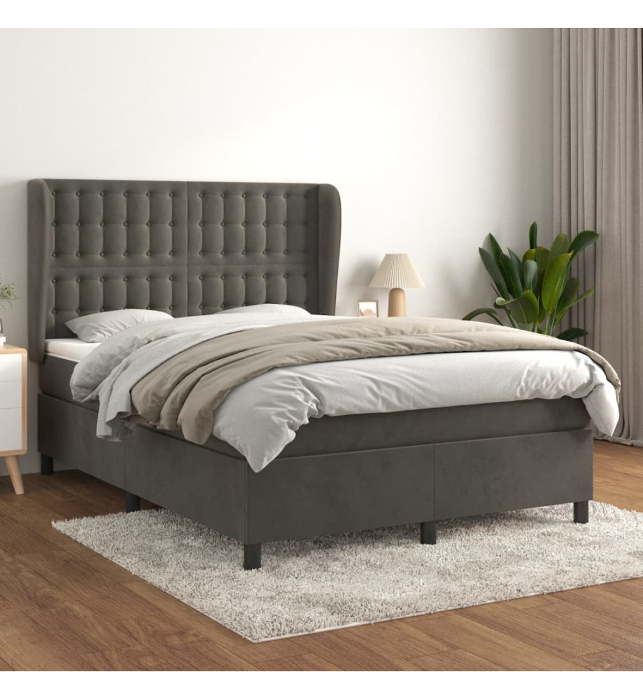 Lit à sommier tapissier et matelas Gris foncé 140x190cm Velours Lit à sommier tapissier et matelas Gris foncé 140x190cm Velours