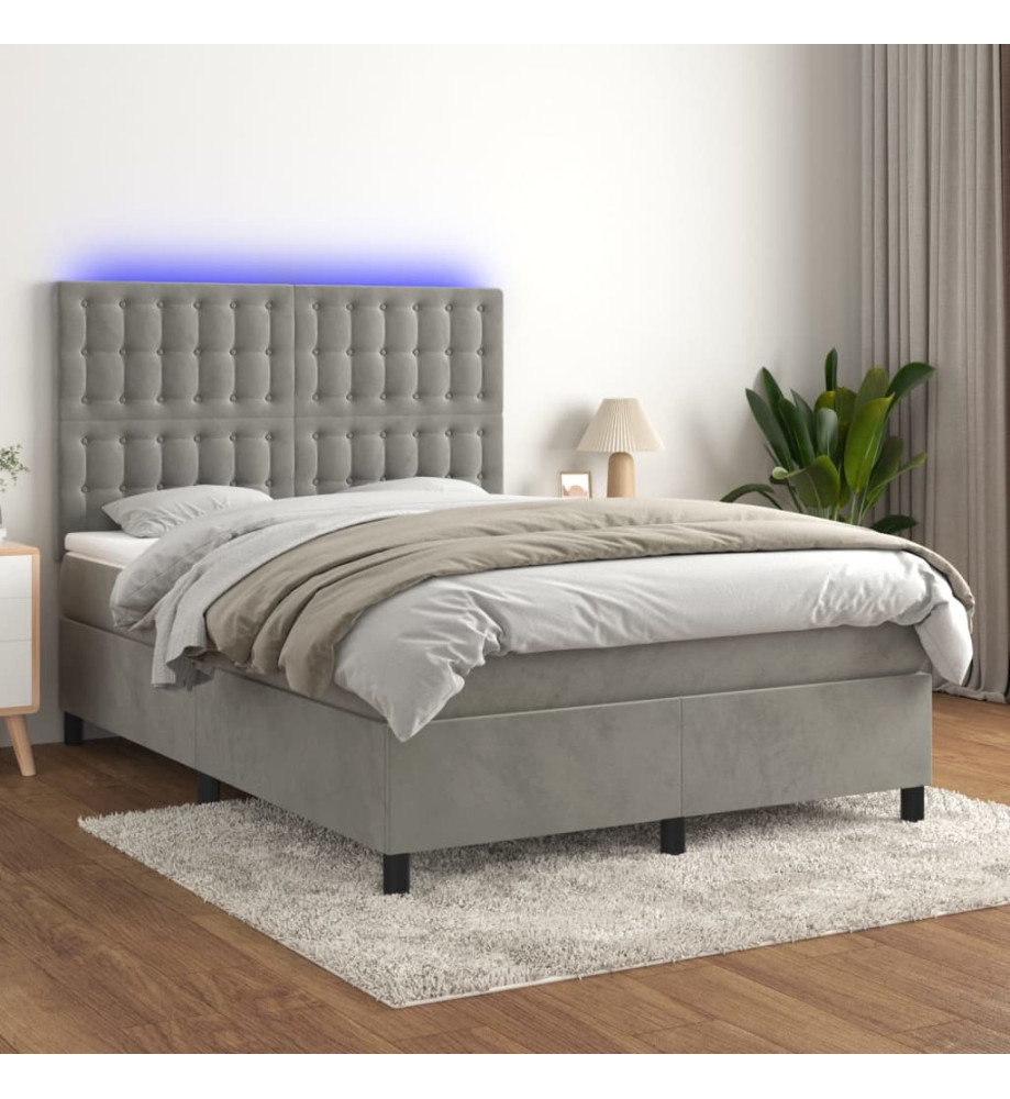 Sommier tapissier matelas et LED Gris clair 140x200 cm Velours Sommier tapissier matelas et LED Gris clair 140x200 cm Velours
