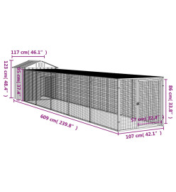 Poulailler avec cour anthracite 117x609x123 cm acier galvanisé