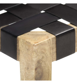 Tabouret Noir Cuir véritable et bois de manguier massif