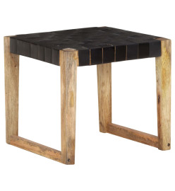 Tabouret Noir Cuir véritable et bois de manguier massif