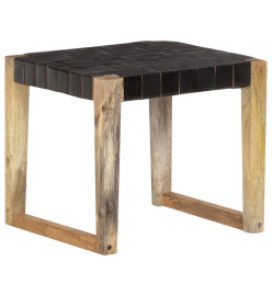 Tabouret Noir Cuir véritable et bois de manguier massif