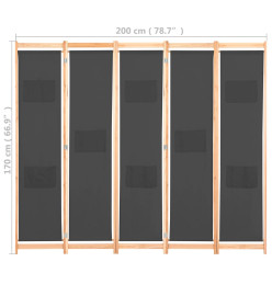 Cloison de séparation 5 panneaux Gris 200 x 170 x 4 cm Tissu