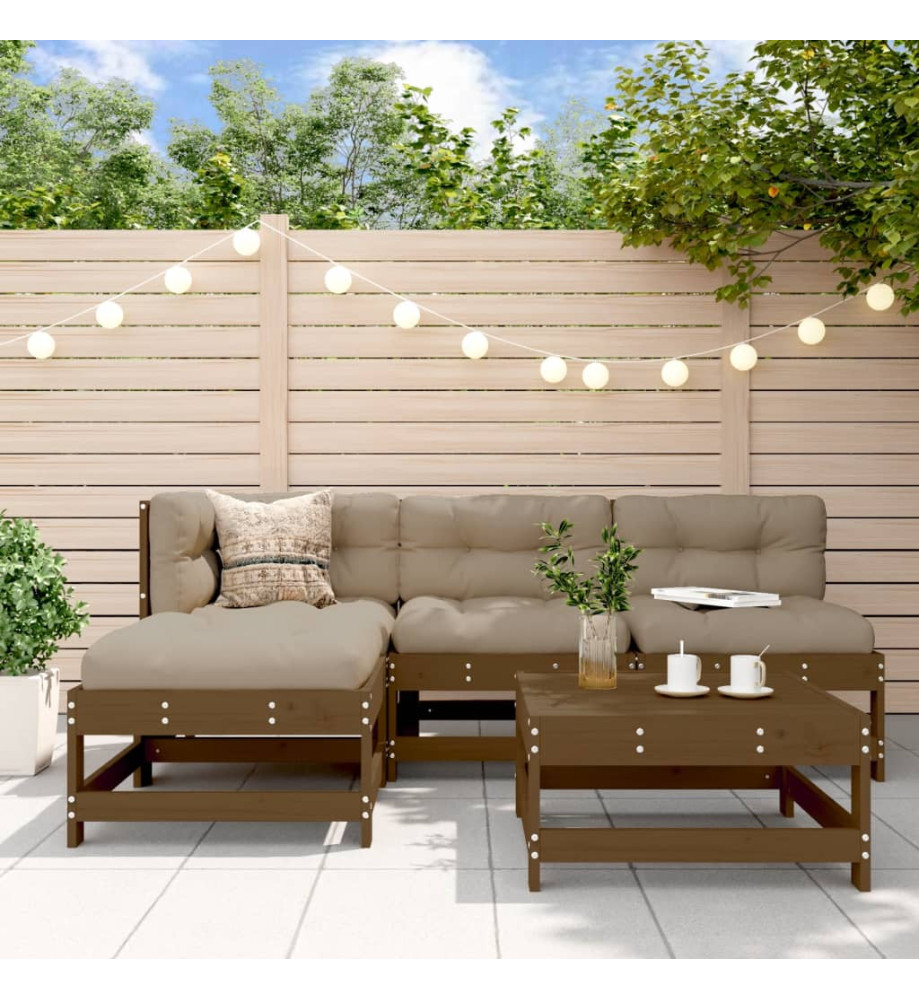 Salon de jardin 5 pcs avec coussins marron miel bois massif