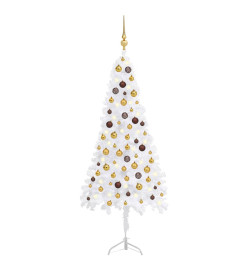 Arbre de Noël artificiel d'angle LED et boules Blanc 150 cm PVC