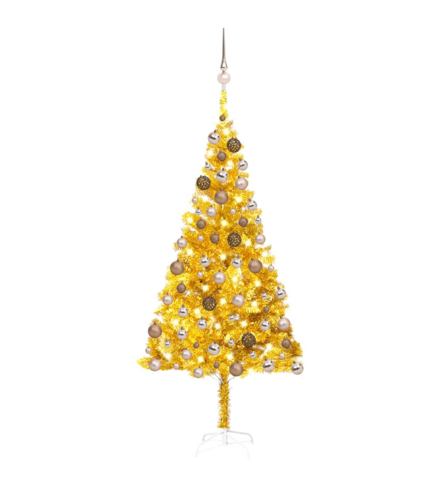 Arbre de Noël artificiel pré-éclairé et boules doré 180 cm PET