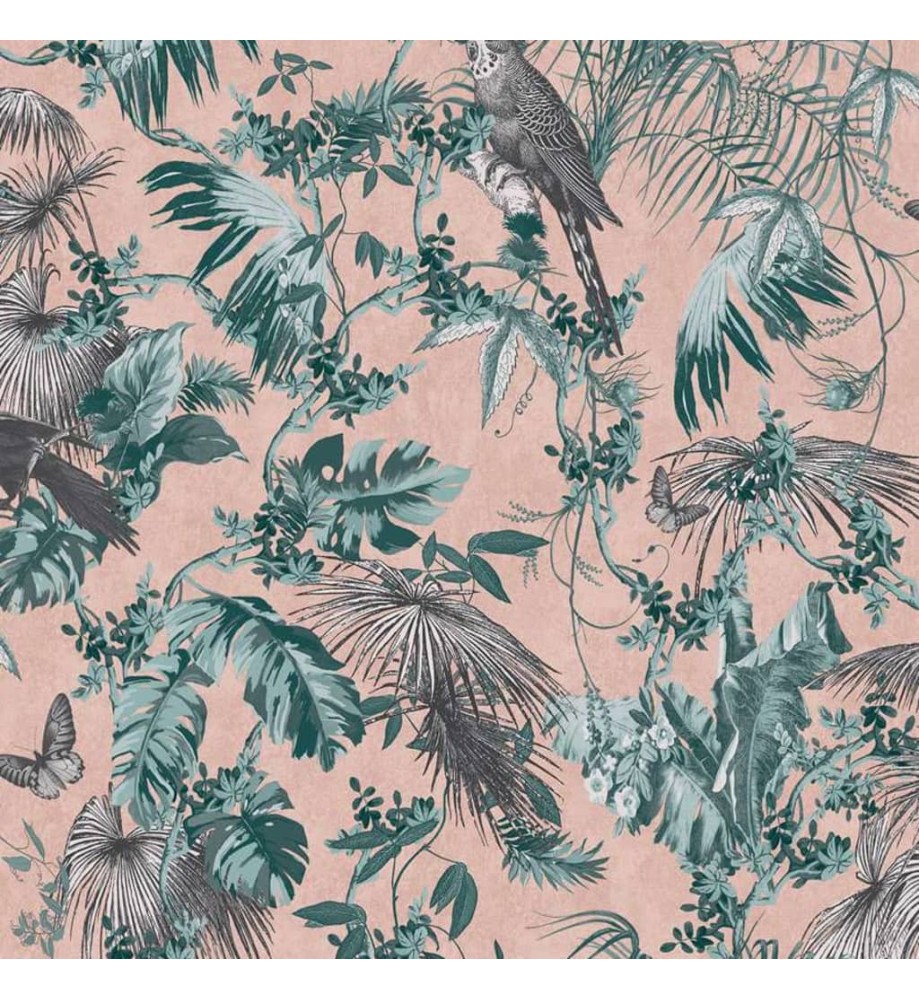 DUTCH WALLCOVERINGS Papier peint Feuilles et oiseaux Vert et rose