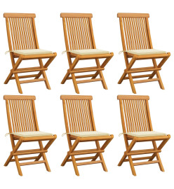 Chaises de jardin avec coussins crème 6 pcs Bois de teck massif