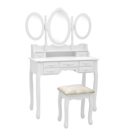 Coiffeuse avec tabouret et miroir pliable en 3 Blanc