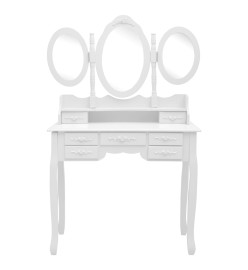 Coiffeuse avec tabouret et miroir pliable en 3 Blanc