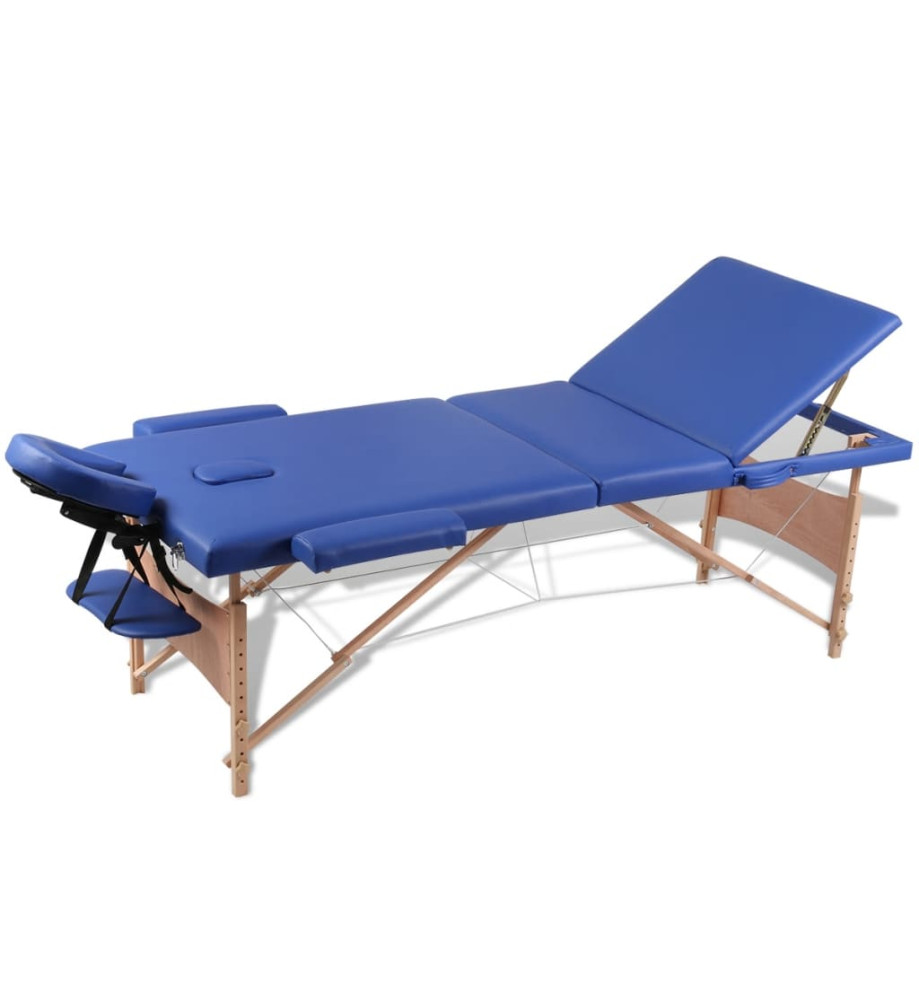 Table pliable de massage Bleu 3 zones avec cadre en bois