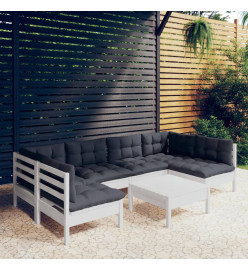 Salon de jardin 7 pcs avec coussins blanc bois de pin massif