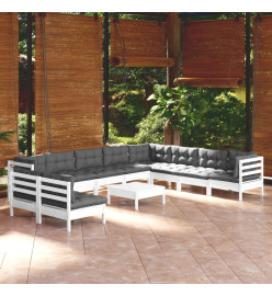 Salon de jardin 11 pcs avec coussins blanc bois de pin solide